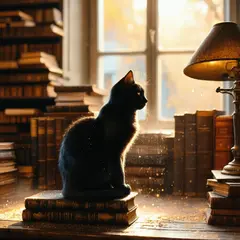 SD 3.5 Large — A black cat sitting on a stack of old books in a c