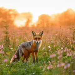 SD 3.5 Large — A fox in a field of wildflowers, backlit by sunset