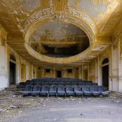 SD 3.5 Large — An abandoned Art Deco theater with peeling gold pa