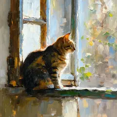 SD 3.5 Large — A cat sitting on a windowsill, impressionist oil p