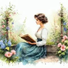 SD 3.5 Large — A woman reading a book in a garden, watercolor pai