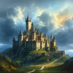 SD 3.5 Large — A medieval castle on a hilltop, fantasy art style,