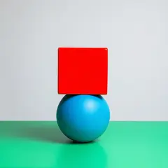 SD 3.5 Large — A red cube on top of a blue sphere, both sitting o