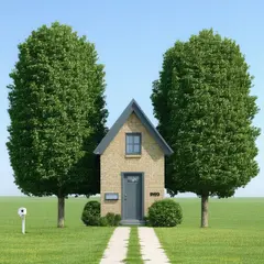 SD 3.5 Large — A small house between two tall trees, with a path 