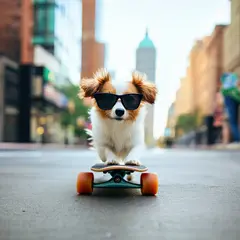 SD 3.5 Large — A dog wearing sunglasses riding a skateboard down 