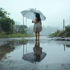 SD 3.5 Large — A woman holding an umbrella in the rain, reflected
