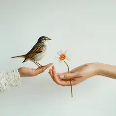SD 3.5 Large — A bird perched on the left hand of a person, the r