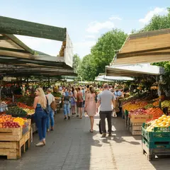 SD 3.5 Large — A busy farmer's market scene with at least six dif