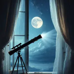SD 3.5 Large — A telescope pointing at the moon through an open w