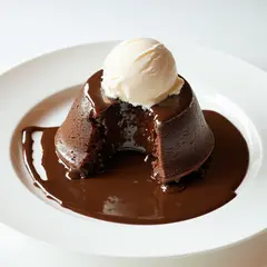 SD 3.5 Large — A dripping chocolate lava cake cut open on a white