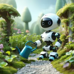 SD 3.5 Large — A 3D render of a cute robot watering plants in a m