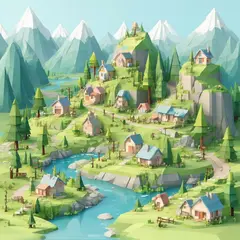 SD 3.5 Large — An isometric low-poly village with tiny houses, tr