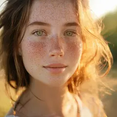 SD 3.5 Large — A young woman with freckles and green eyes, golden