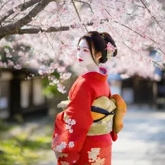 SD 3.5 Large — A Japanese woman in a red kimono standing under ch