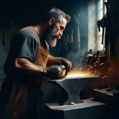 SD 3.5 Large — A bearded blacksmith in a dark workshop, sparks fl