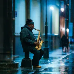 SD 3.5 Large — A street musician playing saxophone under a lamppo
