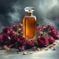 SD 3.5 Large — A bottle of amber perfume on a bed of dried roses,