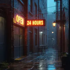 SD 3.5 Large — A glowing neon sign reading OPEN 24 HOURS in a dar