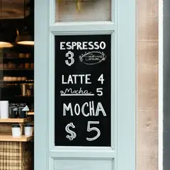 SD 3.5 Large — A hand-lettered chalkboard menu outside a coffee s