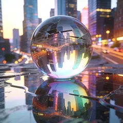 Seedream v4.5 — A glass sphere refracting a distorted cityscape, s
