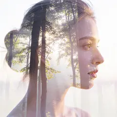 Seedream v4.5 — A double exposure photograph combining a forest wi