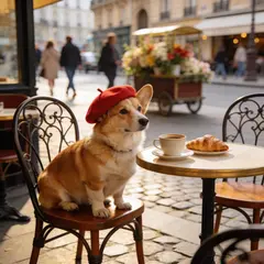 Seedream v4.5 — A corgi wearing a red beret sitting in a Parisian 