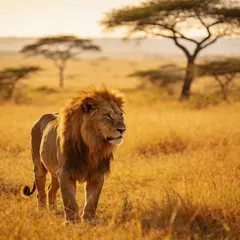 Seedream v4.5 — A majestic lion with a full mane, golden savanna b