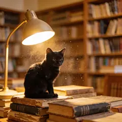 Seedream v4.5 — A black cat sitting on a stack of old books in a c