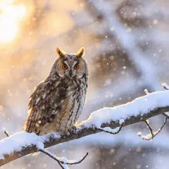 Seedream v4.5 — An owl perched on a snow-covered branch, intense a