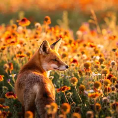 Seedream v4.5 — A fox in a field of wildflowers, backlit by sunset