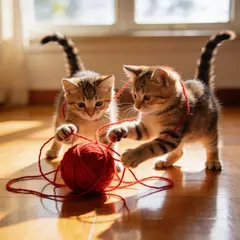 Seedream v4.5 — Two kittens playing with a ball of red yarn on a h