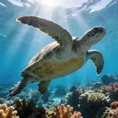 Seedream v4.5 — A giant sea turtle swimming over a coral reef, und
