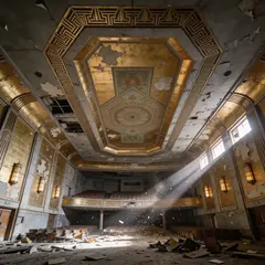 Seedream v4.5 — An abandoned Art Deco theater with peeling gold pa