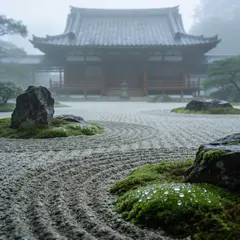 Seedream v4.5 — A Japanese zen garden with raked gravel, moss-cove