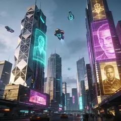 Seedream v4.5 — A futuristic city skyline with flying vehicles, sl