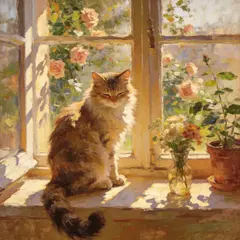 Seedream v4.5 — A cat sitting on a windowsill, impressionist oil p