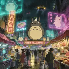 Seedream v4.5 — A cyberpunk street market in Tokyo, anime style, n