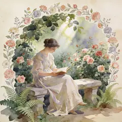 Seedream v4.5 — A woman reading a book in a garden, watercolor pai