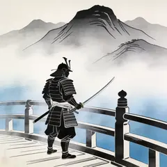 Seedream v4.5 — A lone samurai standing on a misty bridge, ukiyo-e