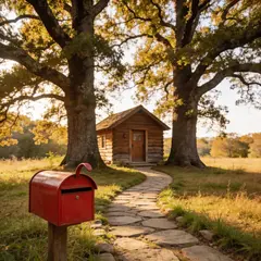 Seedream v4.5 — A small house between two tall trees, with a path 