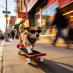 Seedream v4.5 — A dog wearing sunglasses riding a skateboard down 