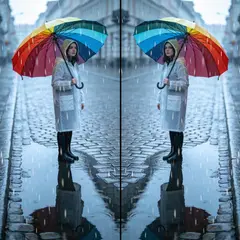 Seedream v4.5 — A woman holding an umbrella in the rain, reflected