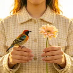 Seedream v4.5 — A bird perched on the left hand of a person, the r