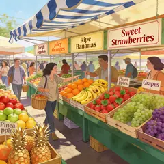 Seedream v4.5 — A busy farmer's market scene with at least six dif