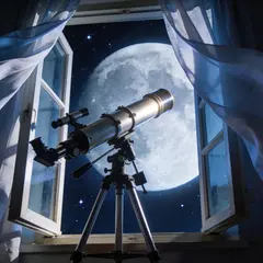 Seedream v4.5 — A telescope pointing at the moon through an open w