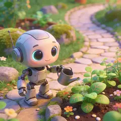 Seedream v4.5 — A 3D render of a cute robot watering plants in a m