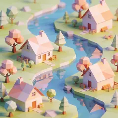 Seedream v4.5 — An isometric low-poly village with tiny houses, tr