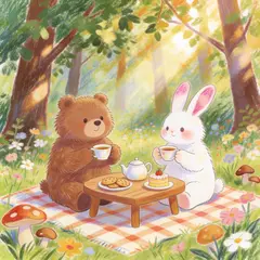 Seedream v4.5 — A children's book illustration of a bear and a rab