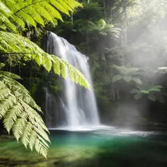 Seedream v4.5 — A waterfall cascading into a tropical pool surroun