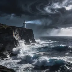 Seedream v4.5 — A coastal cliff with crashing waves below, lightho